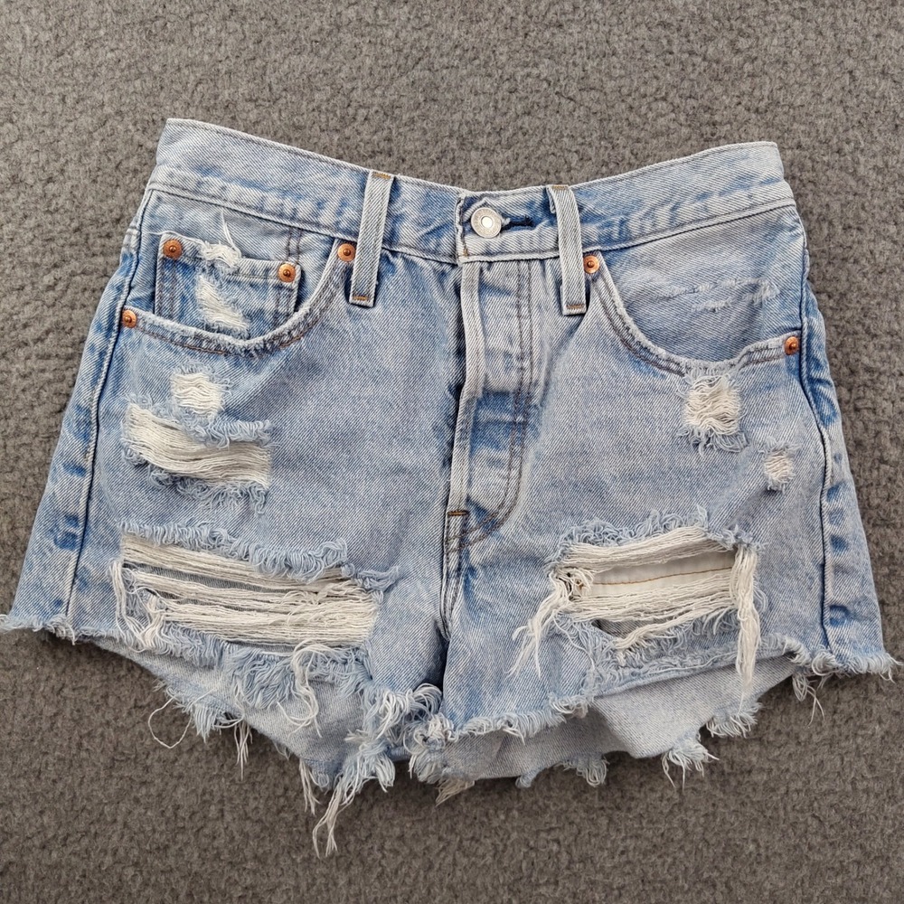 Levis 501 Denim Shorts Sz 26 Original Distressed Light Wash Cut Off EUC